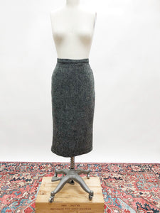 Vintage Wool Tweed Grey Black Midi Skirt