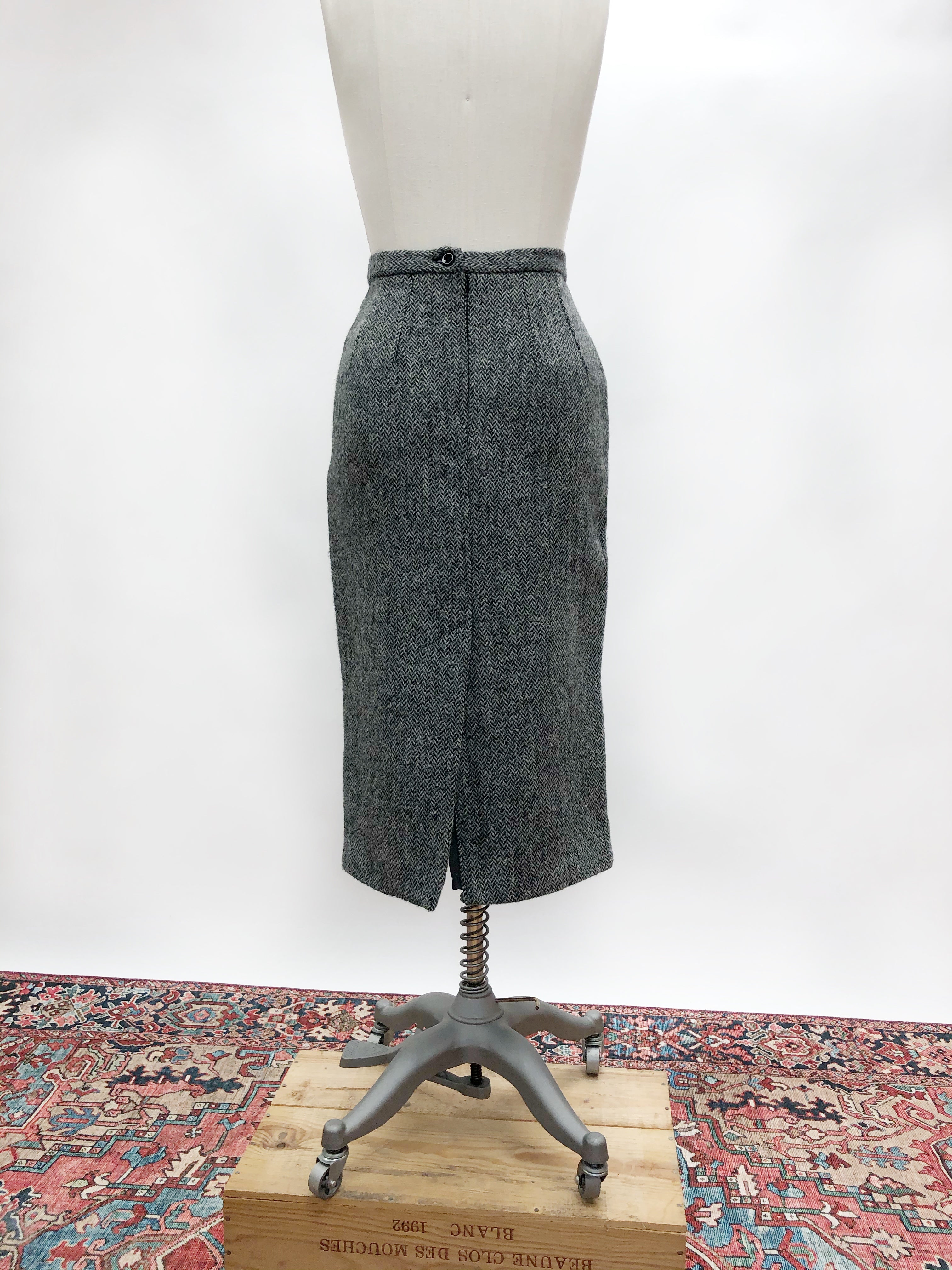 Vintage Wool Tweed Grey Black Midi Skirt