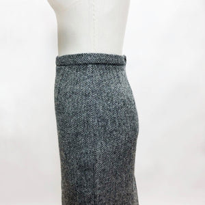 Vintage Wool Tweed Grey Black Midi Skirt