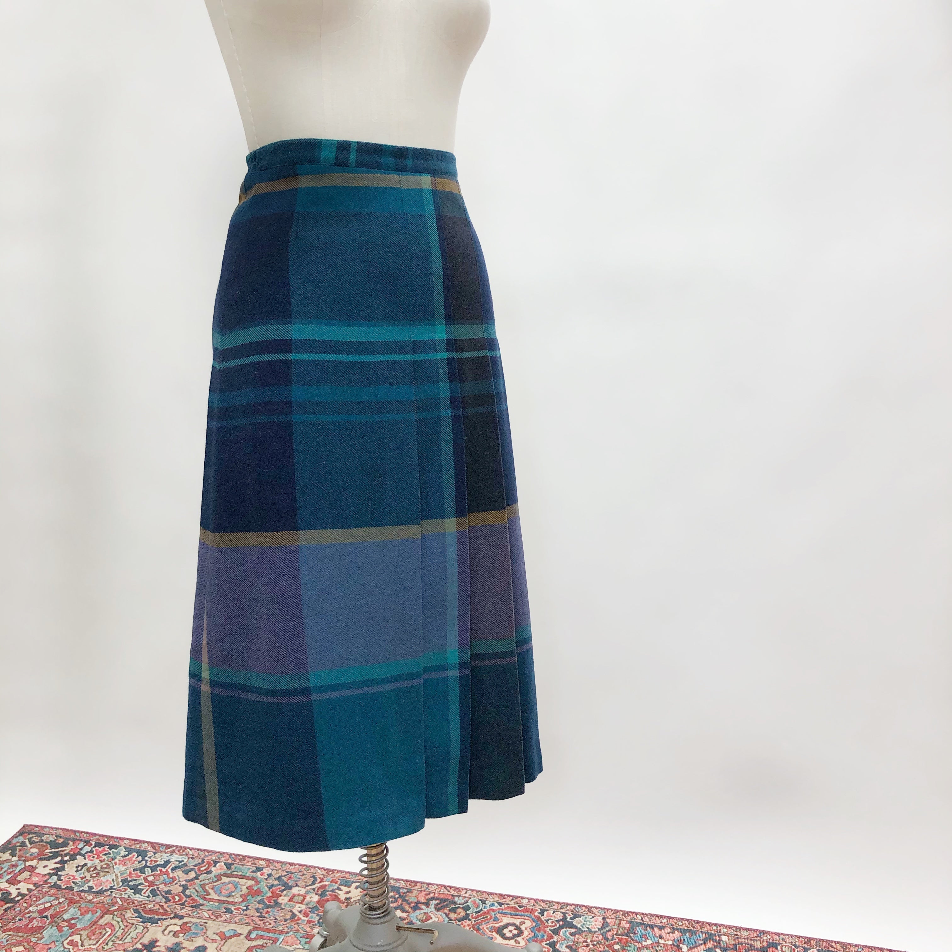 Vintage Green Blue Pleated Wool Blend Skirt