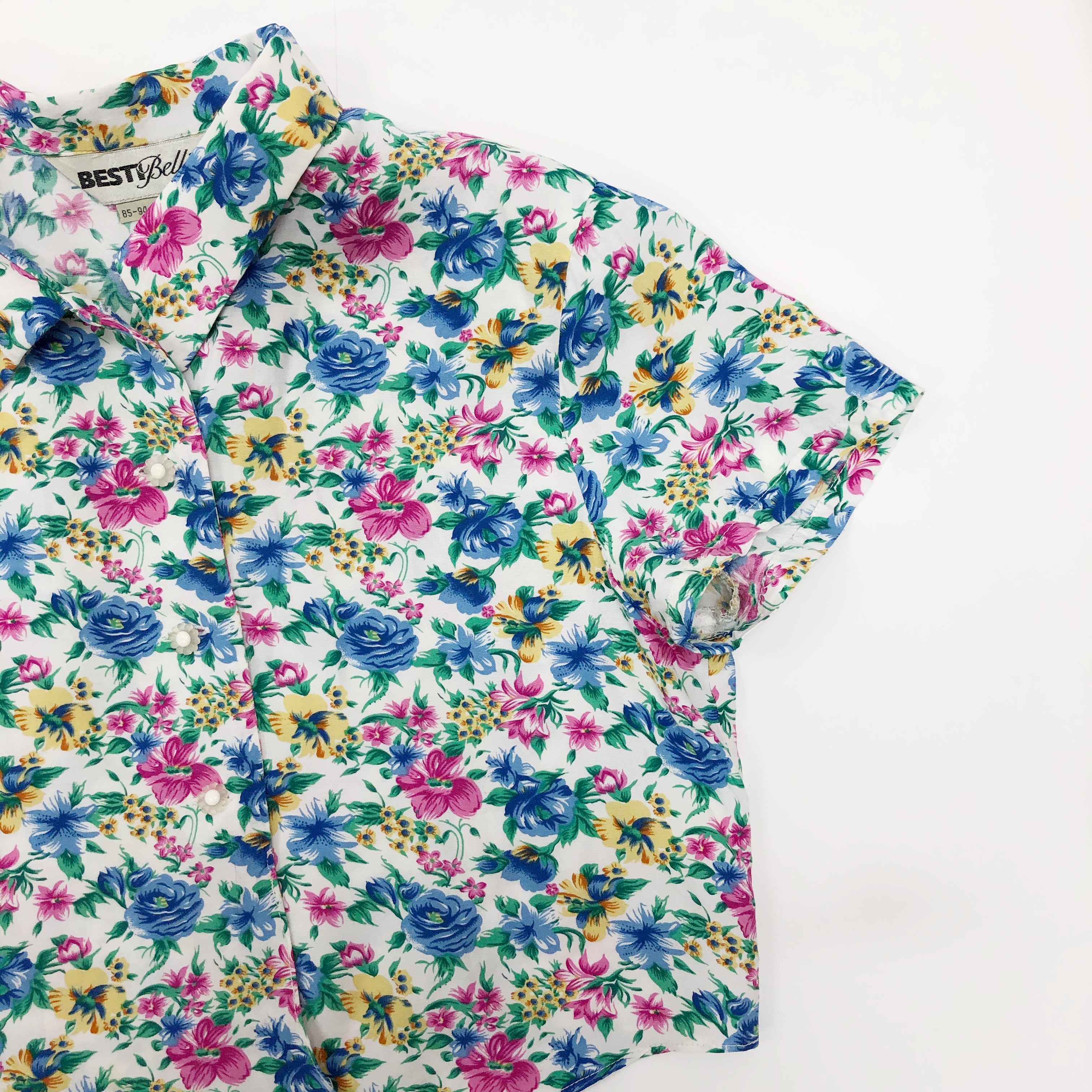 Vintage Floral Rayon Cropped Blouse with Waist Ties