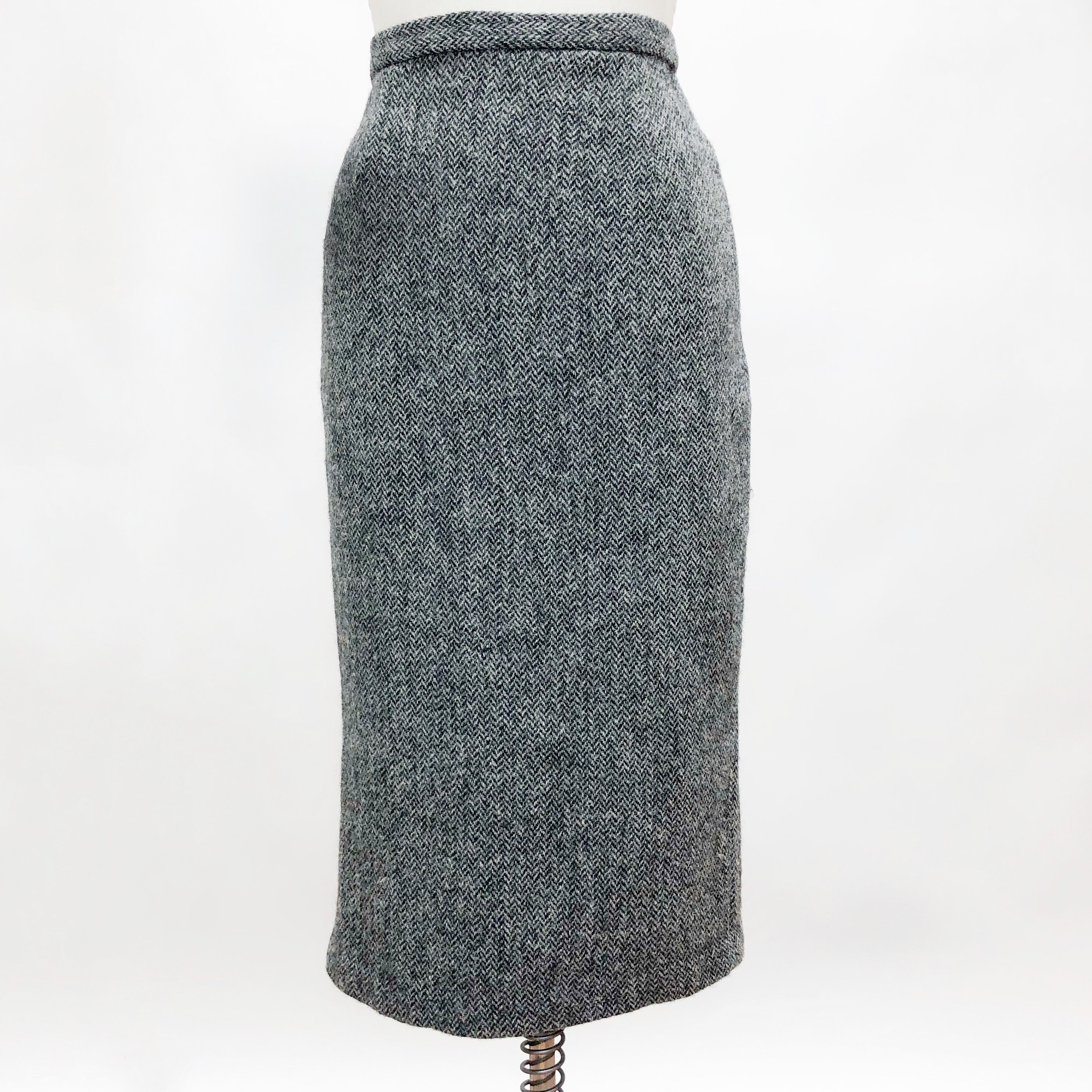 Vintage Wool Tweed Grey Black Midi Skirt