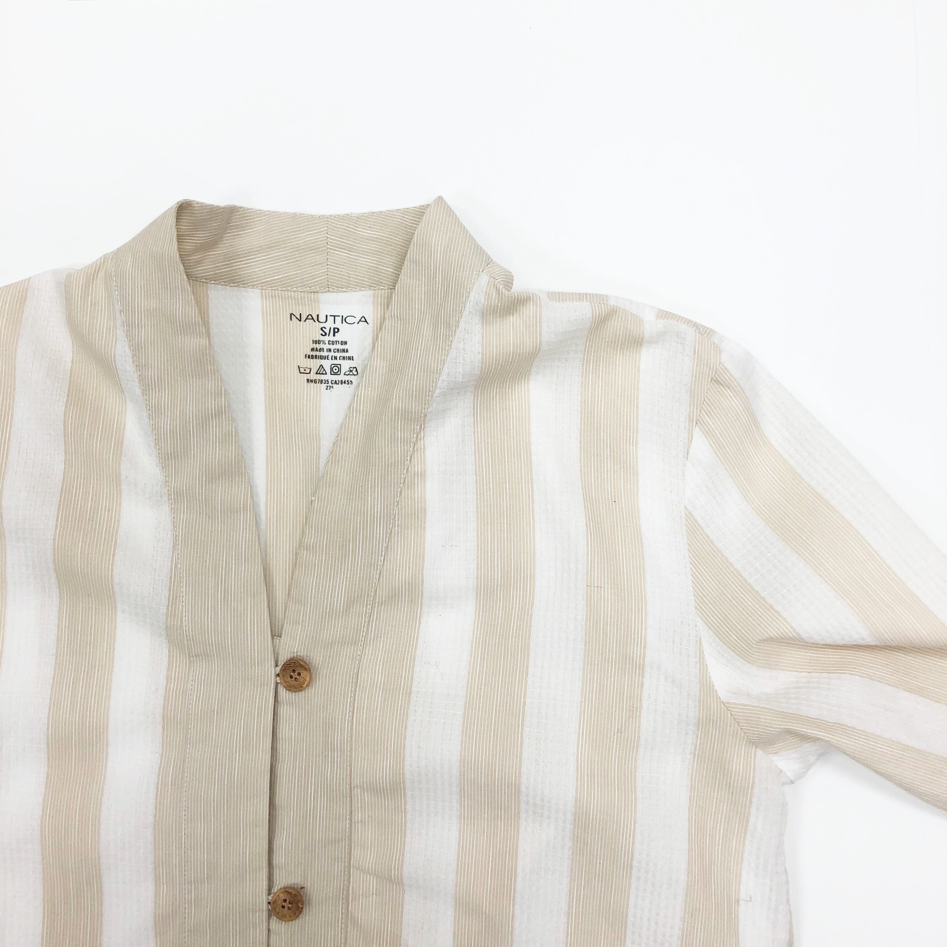 Vintage Beige & White Cotton Long-Sleeve Top