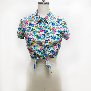 Vintage Floral Rayon Cropped Blouse with Waist Ties