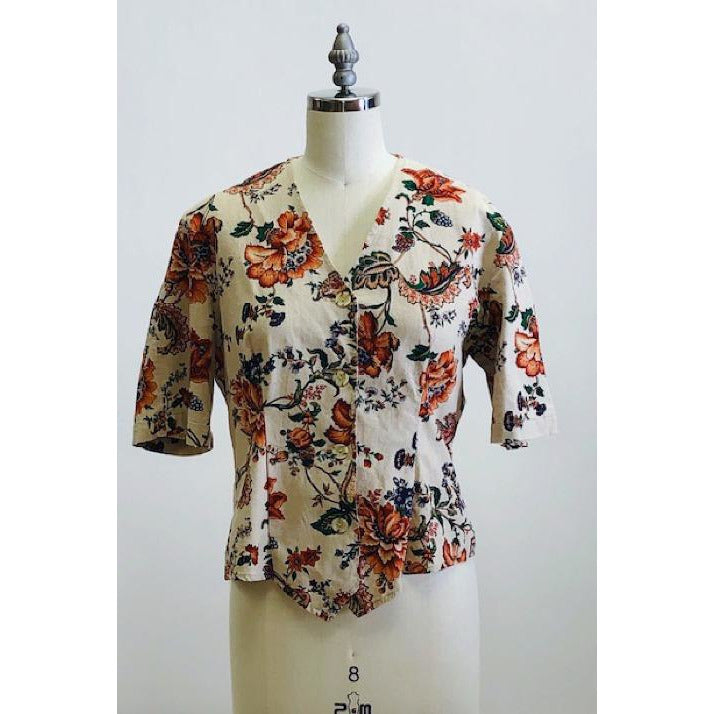 Gorgeous ecru linen/cotton button down top with orange wildflowers, contour fish darts on front and back from vintage Canadian label The Kettle Creek Canvas Co. Made in Canada