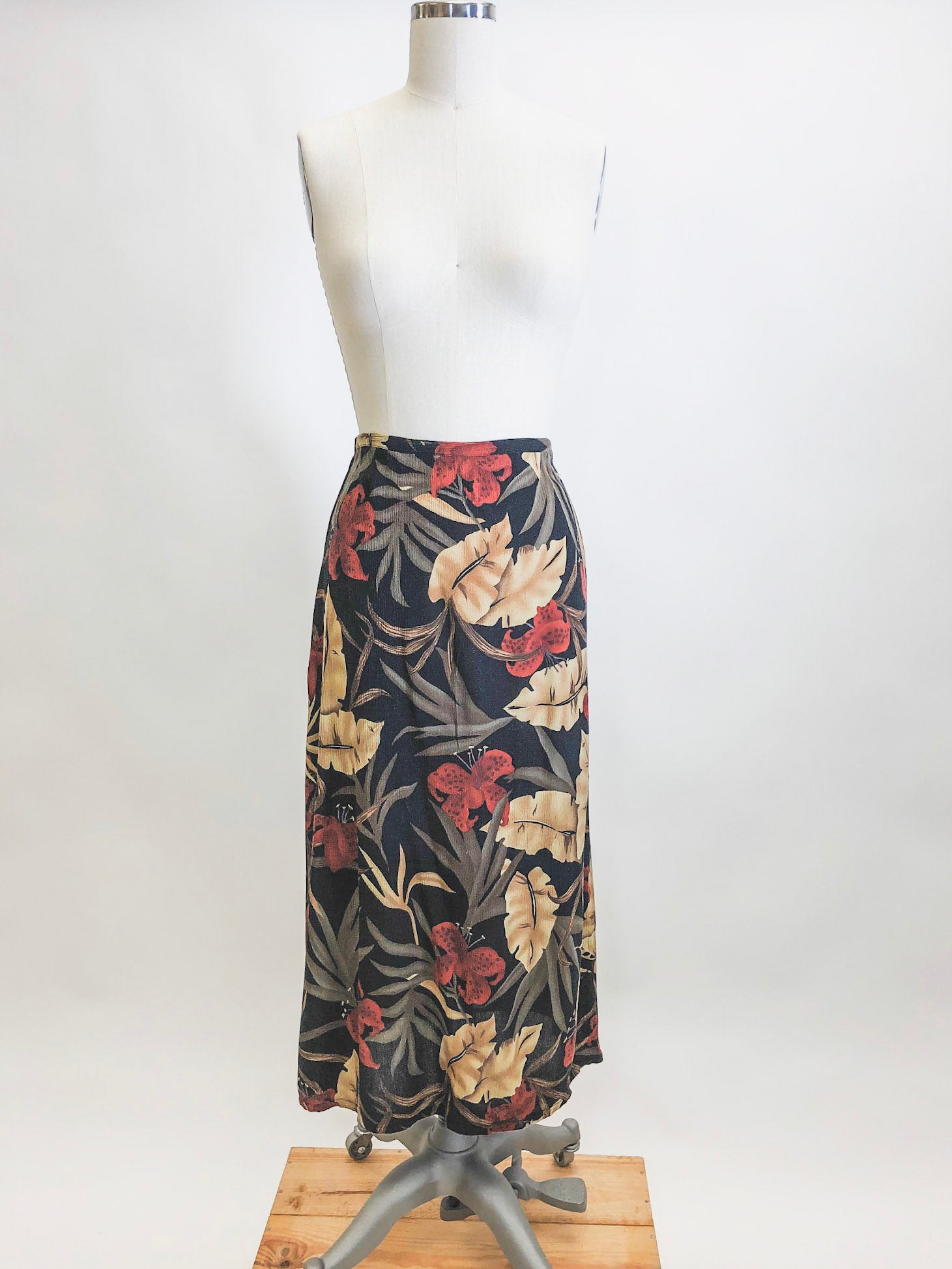 Vintage Safari Crinkle Rayon Midi Skirt