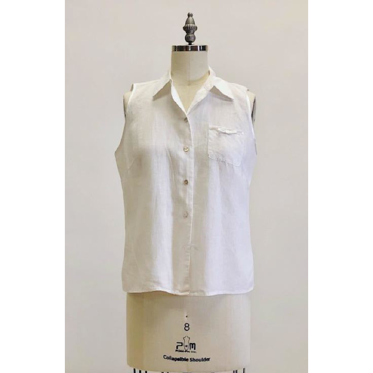 100% white Irish linen, sleeveless top with button down at center front with shell buttons, cute patch pocket with ribbon finishing and bow. Relaxed fit.